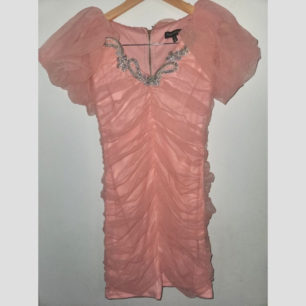 Sparkly Pink Ruched Cocktail Dress Custom Sparkly Rhinestone Applique